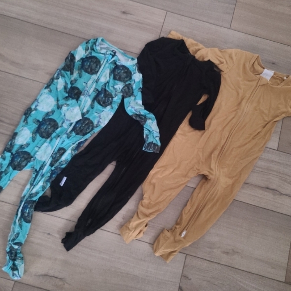 Dreamiere 2T Bamboo One-Piece Rompers in Turtle Print, Black and Tan - 3-Pack